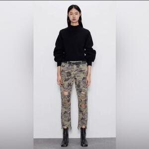 ZARA Women's Camouflage Jeans Size 4 Distressed Raw Hem Ankle‎